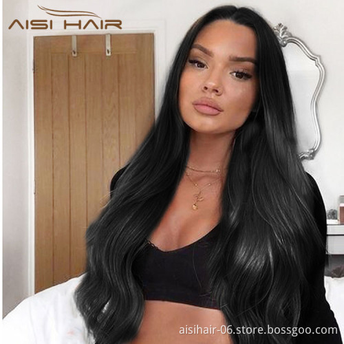 Aisi Hair Natural Looking Long Wavy Curly Body Wave Natural Black Lace Frontal Synthetic Hair For Black Women Lace Front Wig